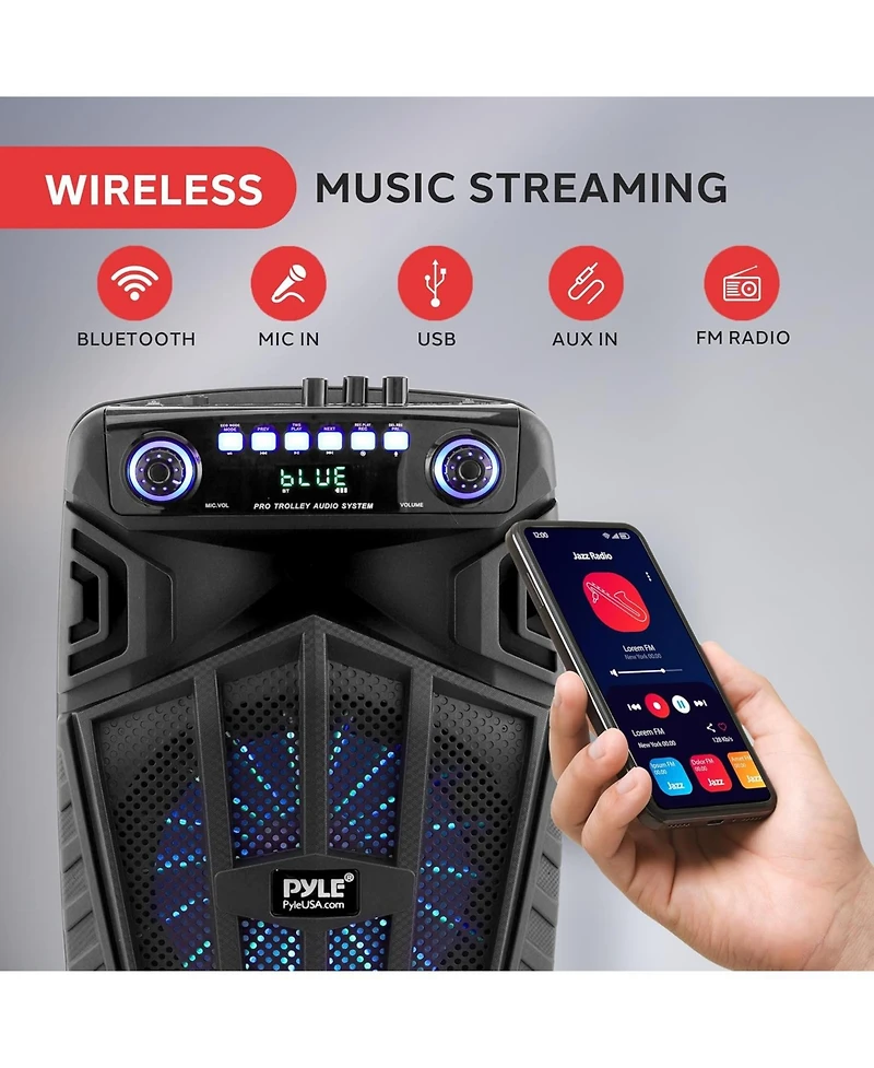 Pyle 10" Bluetooth Portable Pa Speaker – Karaoke Party Speaker with Wireless Mics, Stand, Rechargeable Battery, Flashing Lights, MP3/Usb/F