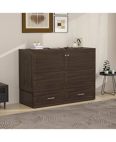 livelylodge Queen Murphy Bed Cabinet with Charging Station for Guest Room, Black Walnut Queen Hideaway Murphy Bed with Storage Drawer and Shelves