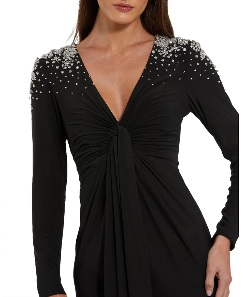 Mac Duggal Women's Jersey V Neck Faux Knot Gown With Beaded Shoulders