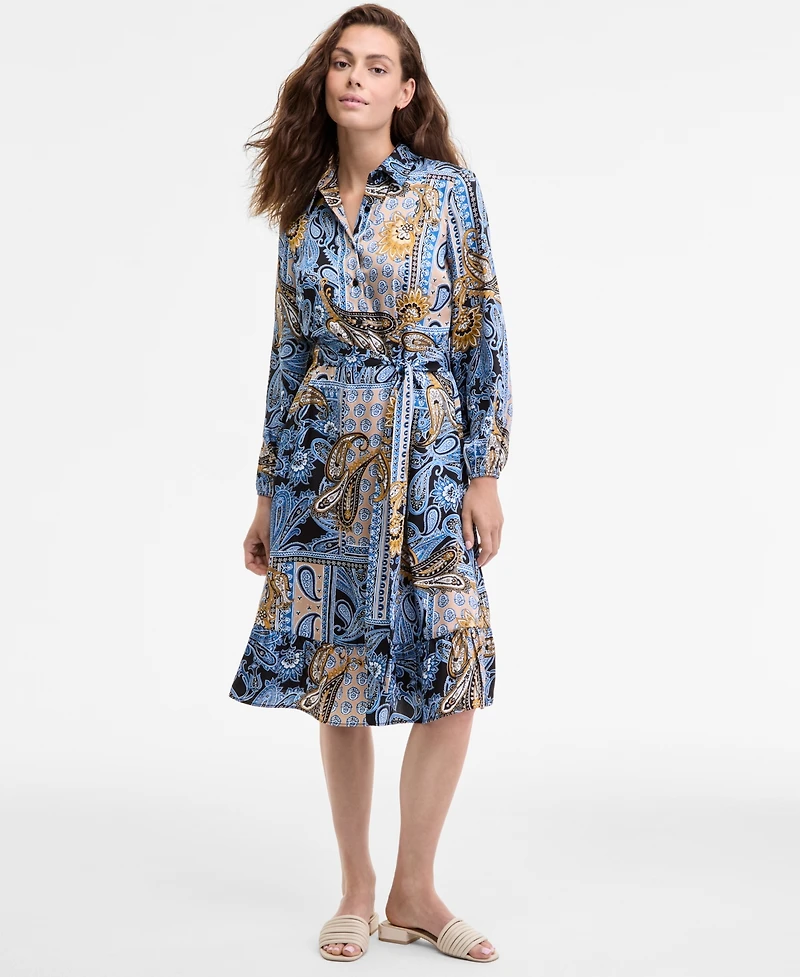Jones New York Women's Collared Paisley Tie-Waist Shirtdress