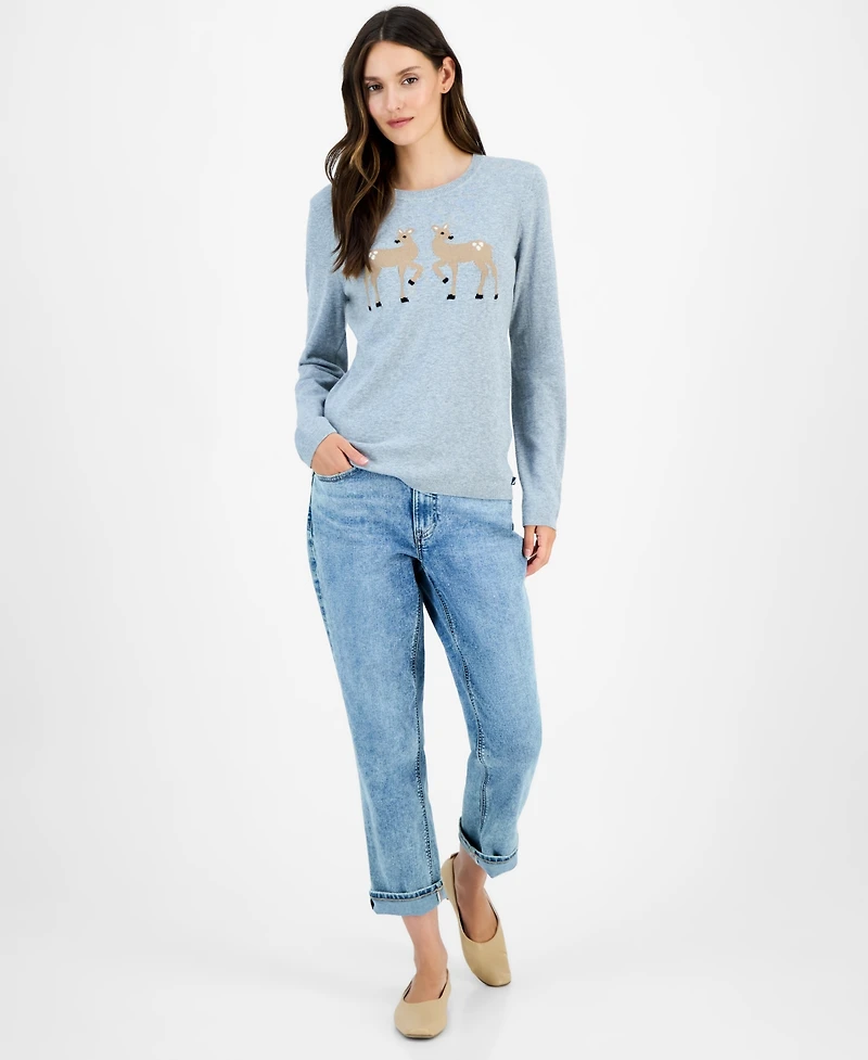 Nautica Jeans Women's Cotton Deer-Graphic Sweater