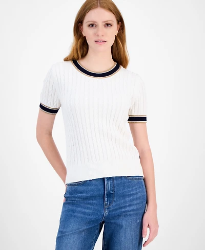 Tommy Hilfiger Women's Cotton Short-Sleeve Cable Knit Sweater