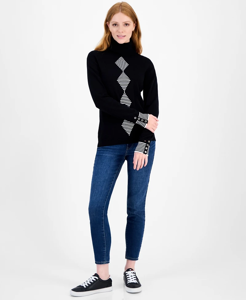 Tommy Hilfiger Women's Cotton Argyle Striped Turtleneck Sweater