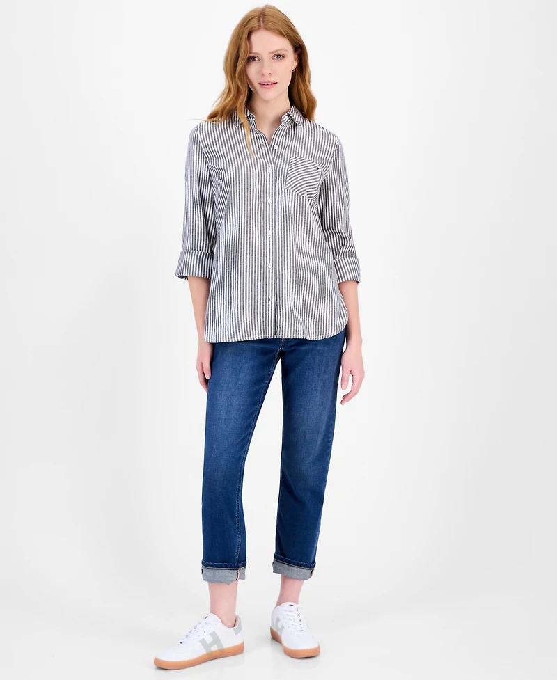 Tommy Hilfiger Women's Shine-Stripe Roll-Tab Shirt