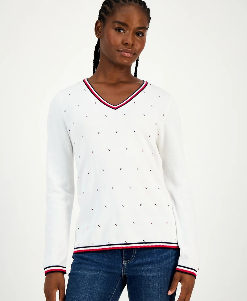 Tommy Hilfiger Women's Cotton Hotfix Cluster V-Neck Sweater