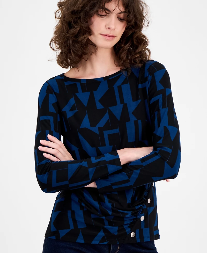 Ak Anne Klein Women's Geo-Print Button-Trim Top