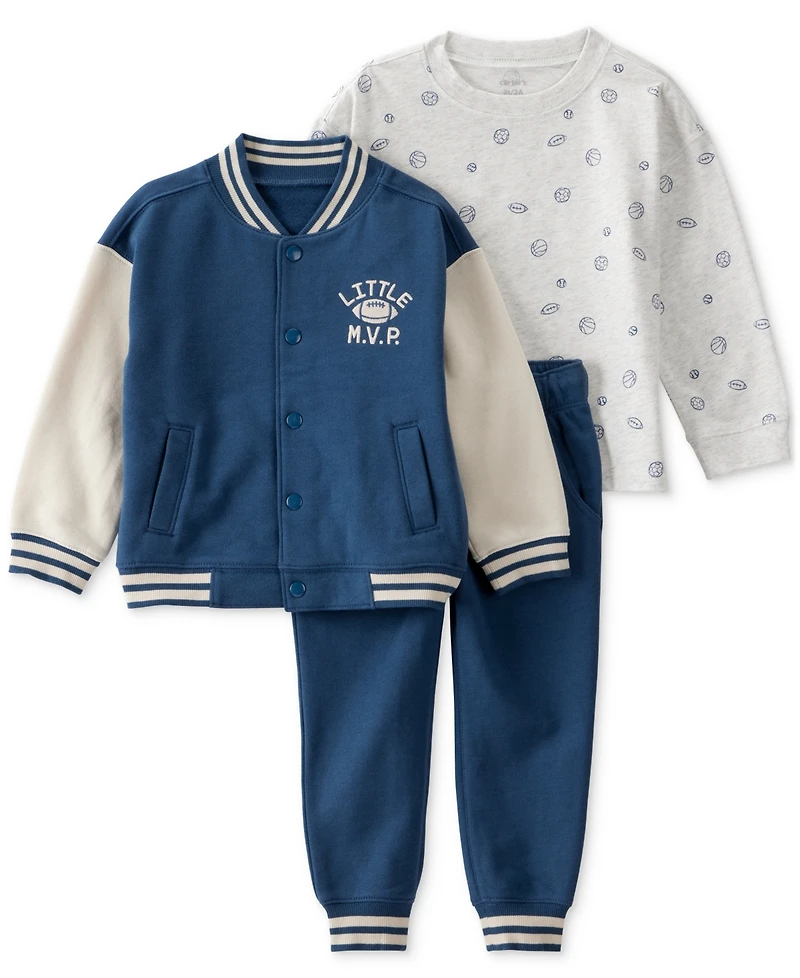 Carter's Toddler Boys Varsity Jacket, Printed T-Shirt & Pants, 3 Piece Set