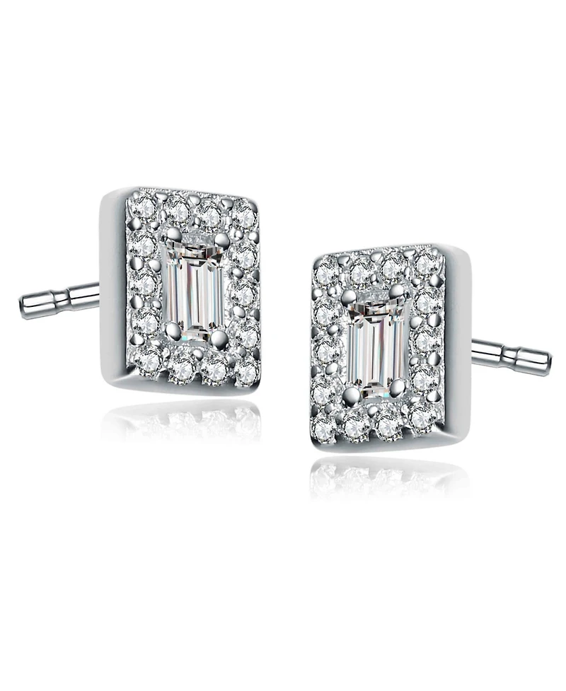 Genevive Sterling Silver White Gold Plating with Clear Cubic Zirconia Square Earrings