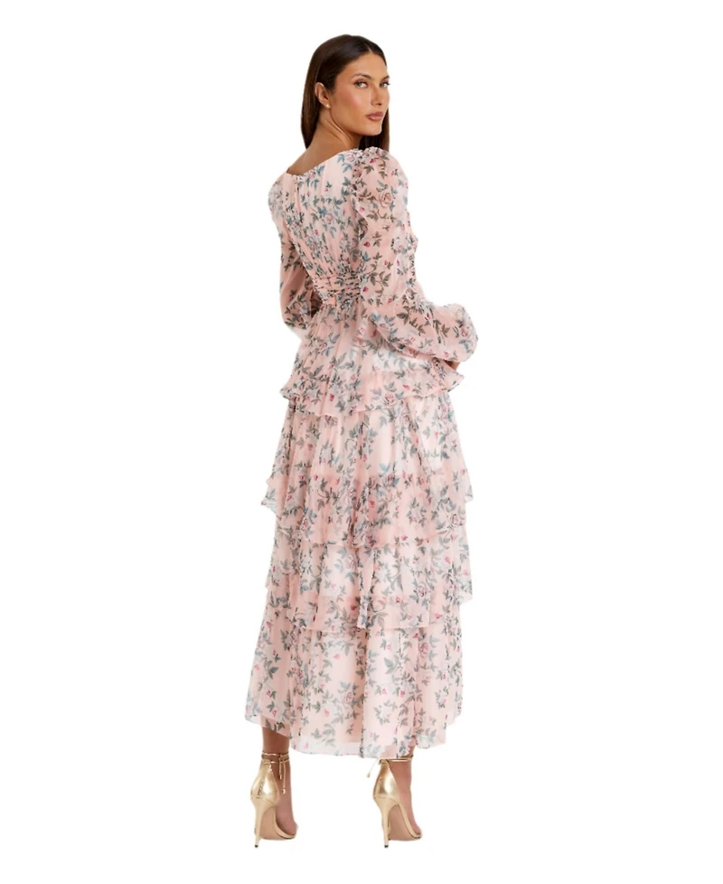Mac Duggal Women's Elegant Puff Sleeve Floral Midi Dress with A-Line Silhouette and Side Pockets