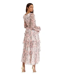 Mac Duggal Women's Elegant Puff Sleeve Floral Midi Dress with A-Line Silhouette and Side Pockets