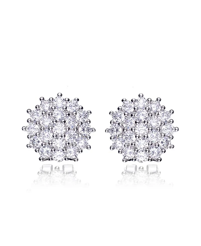 Genevive Sterling Silver White Gold Plating with Clear Cubic Zirconia Round Cluster Earrings