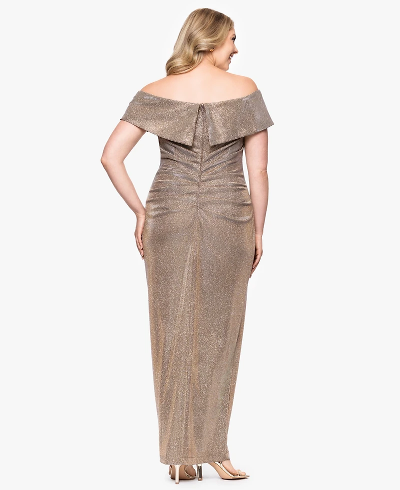 Xscape Plus Off-The-Shoulder Glitter Gown