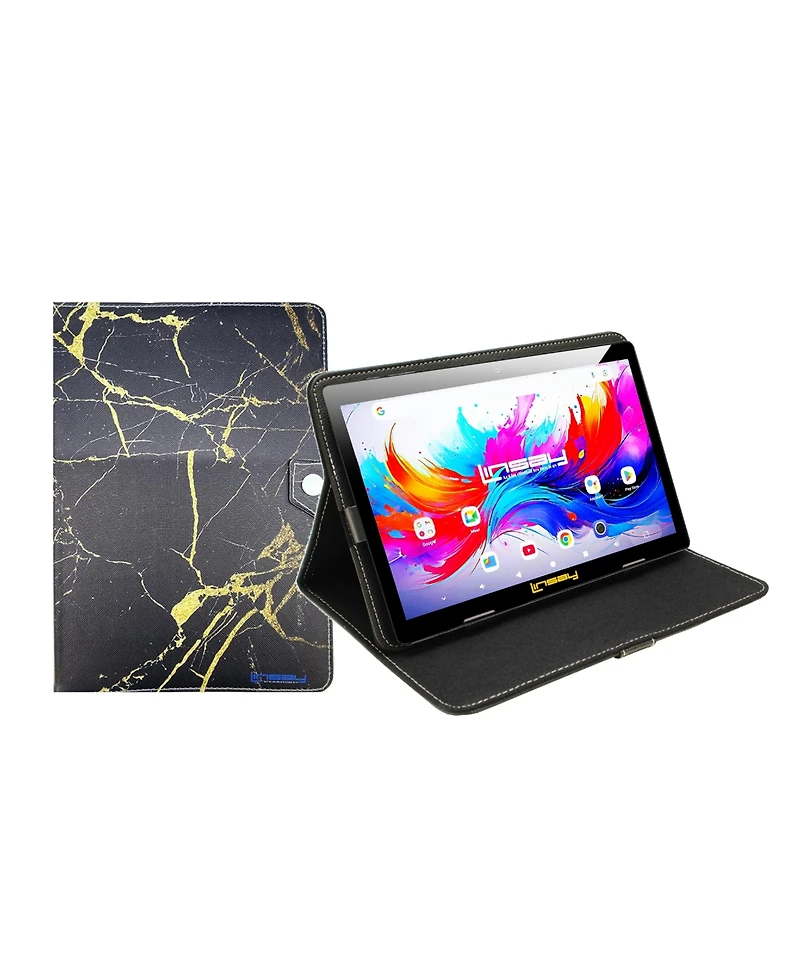 Linsay 10.1"Octa Core 256GB Storage Android 15 Tablet with Black and Golden Marble Case