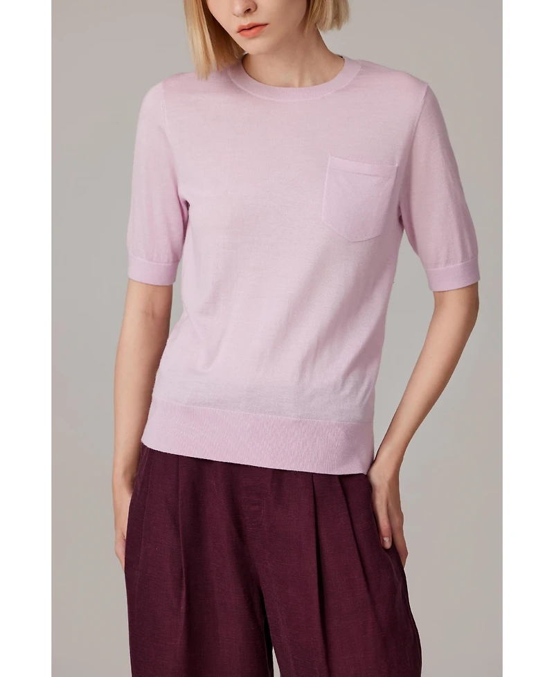 Jennie Liu Women's Tissue Weight 75% Merino Wool 25% Silk Crew Neck Short Sleeve T Shirt Sweater | Ultra Soft Machine-Washable Sweaters