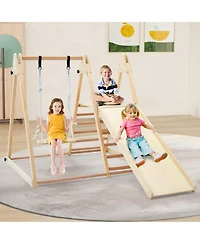 Gymax Kids 5-in-1 Indoor Playground w/ Slide Climbing Rock Adjustable Swing Wooden