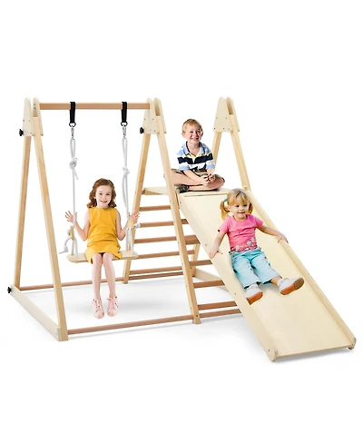 Gymax Kids 5-in-1 Indoor Playground w/ Slide Climbing Rock Adjustable Swing Wooden