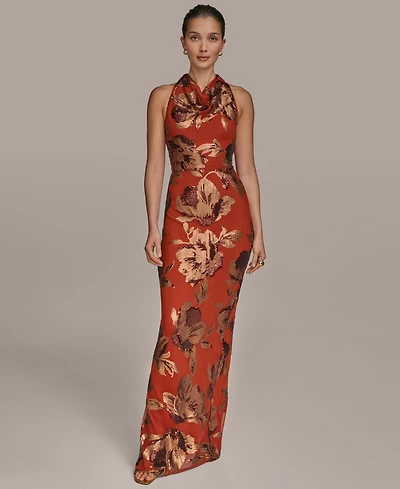 Donna Karan New York Women's Floral Sequined Sleeveless Cowlneck Gown