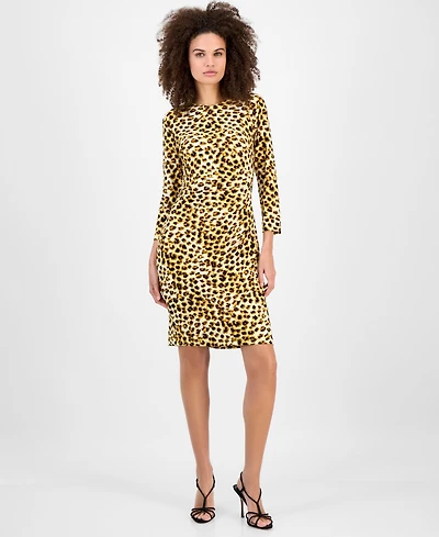 Kasper Animal-Print Side-Pleat Dress, Regular & Petite