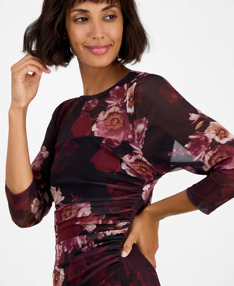 Anne Klein Women's Printed Triple Mesh Side Ruched Midi Dress