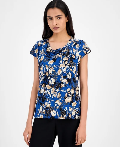 Kasper Floral-Print Cap-Sleeve Cowlneck Blouse, Regular & Petite