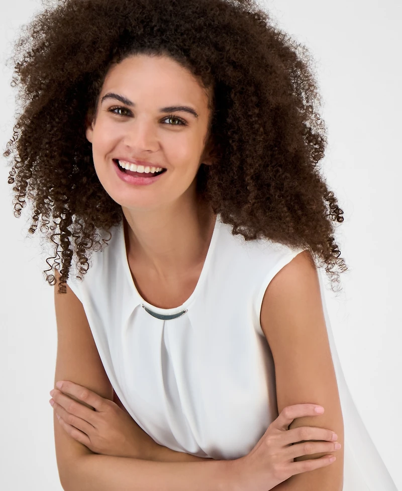 Kasper Scoop-Pleat-Neck Cap-Sleeve Blouse, Regular & Petite