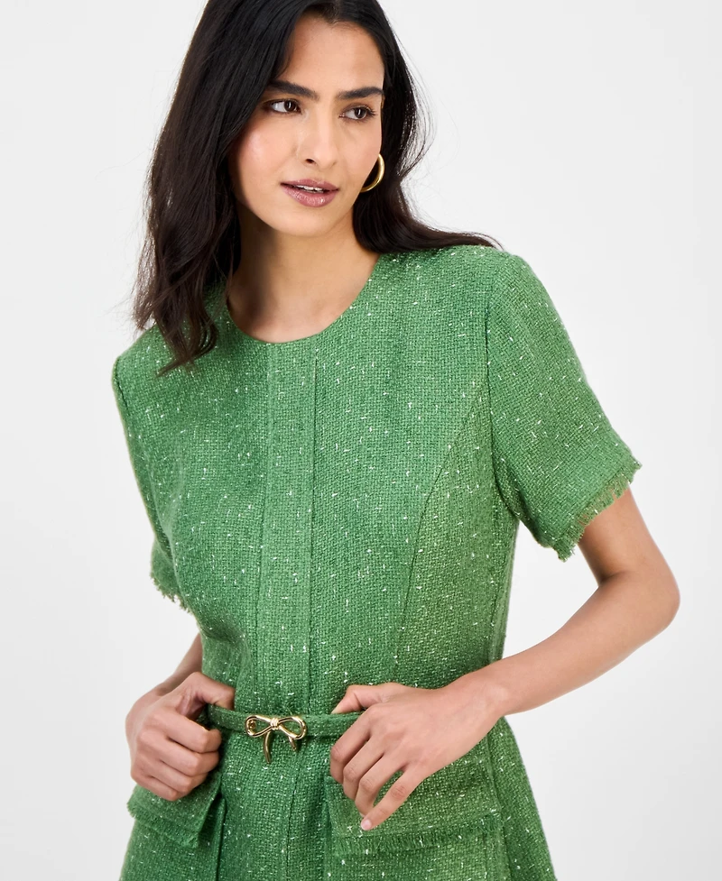 Tahari Asl Women's Bow-Belt Frayed-Edge Short-Sleeve Dress