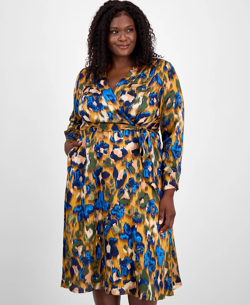Tahari Asl Plus Printed V-Neck Tie-Waist Midi Dress
