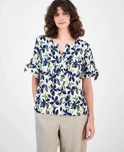 Charter Club Women's 100% Linen Floral-Print Tie-Sleeve Top, Macy's Exclusive
