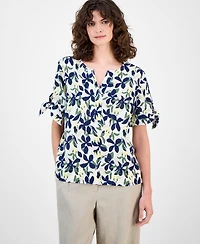 Charter Club Women's 100% Linen Floral-Print Tie-Sleeve Top, Macy's Exclusive