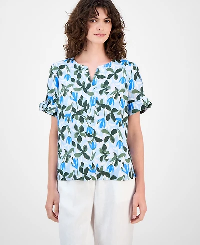 Charter Club Women's 100% Linen Floral-Print Tie-Sleeve Top, Macy's Exclusive