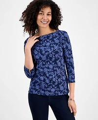 Style & Co Petite Cotton Floral 3/4-Sleeve Boat-Neck Top, Macy's Exclusive