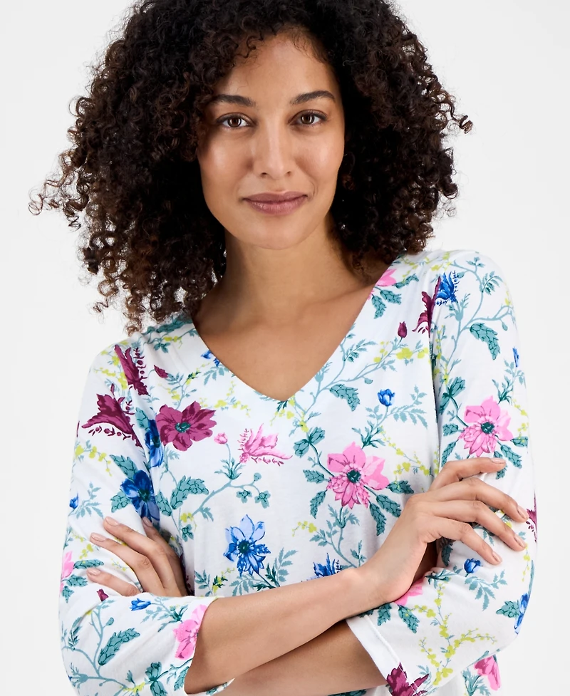Style & Co Petite Chintz Floral V-Neck 3/4-Sleeve T-Shirt, Macy's Exclusive