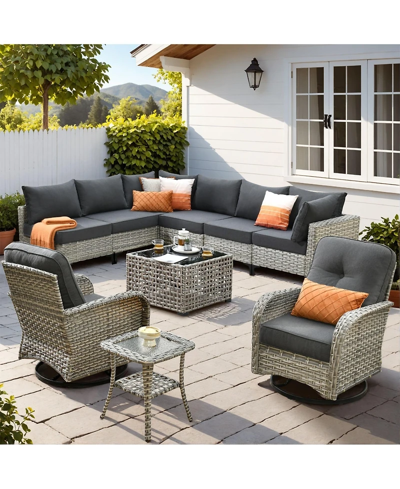 Xizzi 10 Piece Outdoor Patio Furniture with Swivel Chairs,All Weather Wicker Sectional Coversation Set Solar Coffee Table, Single Modular Chairs