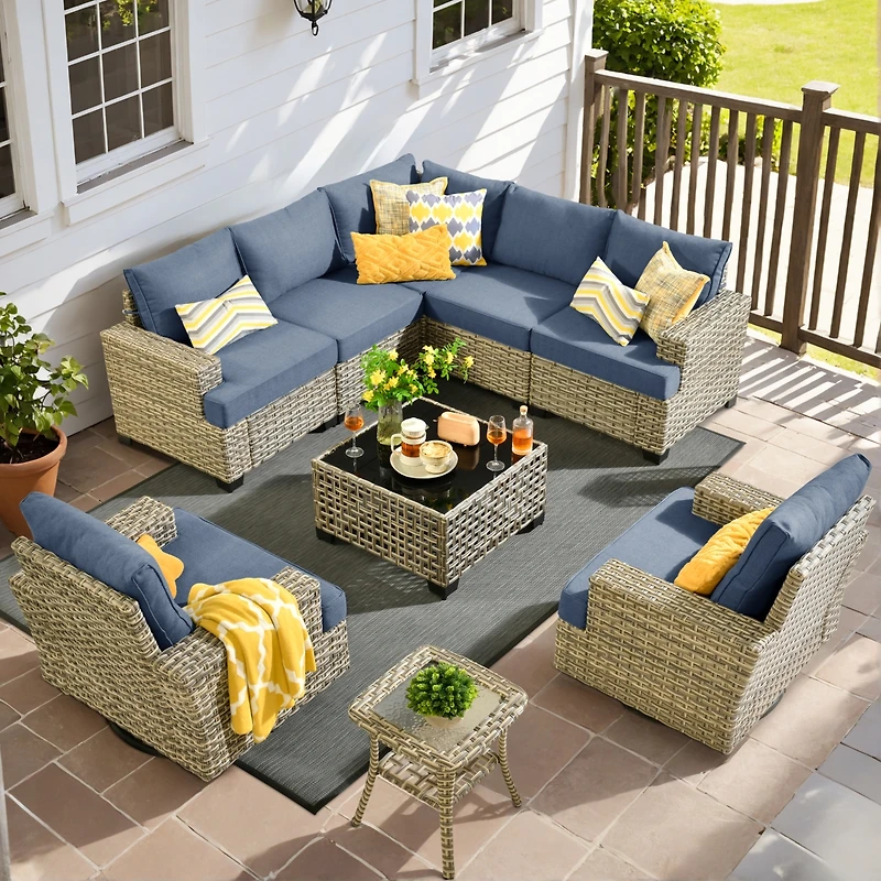 Xizzi Wicker Outdoor Patio Furniture Set, 9PCS Rattan Modular Sectional Sofa,Outside Swivel Rocking Chairs Coversation Set with Side Table