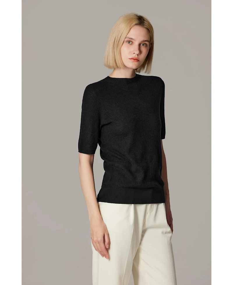Jennie Liu Women's Funnel Neck Short Sleeve Sweater | 75% Merino Wool 25% Silk Ultra Soft Fine-gauge Knit Top Machine Washable