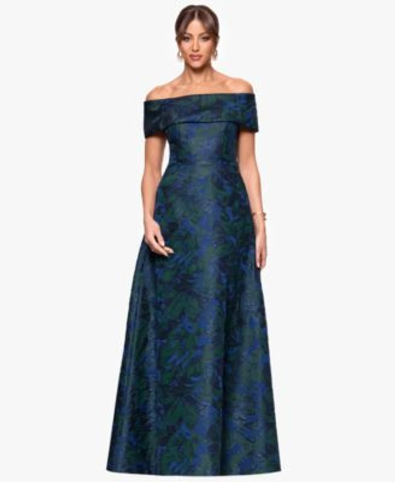 Xscape Womens Jacquard Off The Shoulder Ball Gown