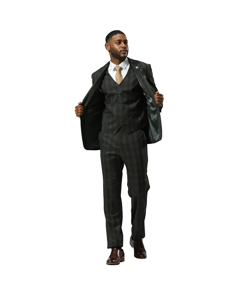 Stacy Adams Men's Glen Plaid Hybrid-Fit 3pc Notch Lapel Suit Set, Jacket Vest and Pants