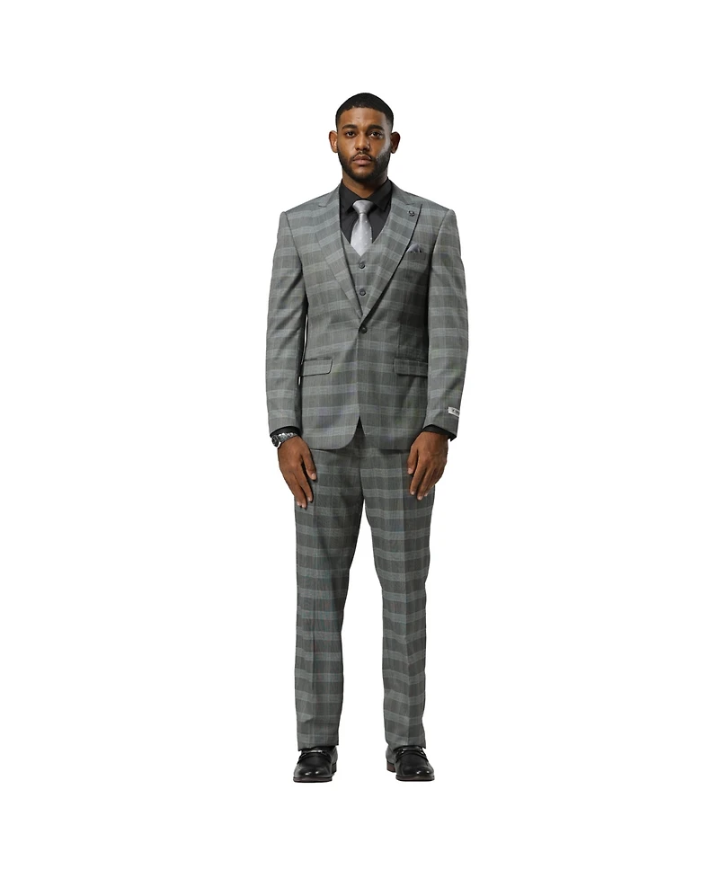 Stacy Adams Big & Tall Glen Plaid 3-Piece Jacket With Solid Vest And Pants Suit Peak Lapel