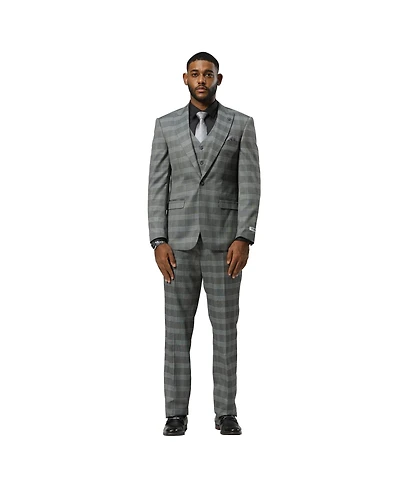 Stacy Adams Big & Tall Glen Plaid 3-Piece Jacket With Solid Vest And Pants Suit Peak Lapel