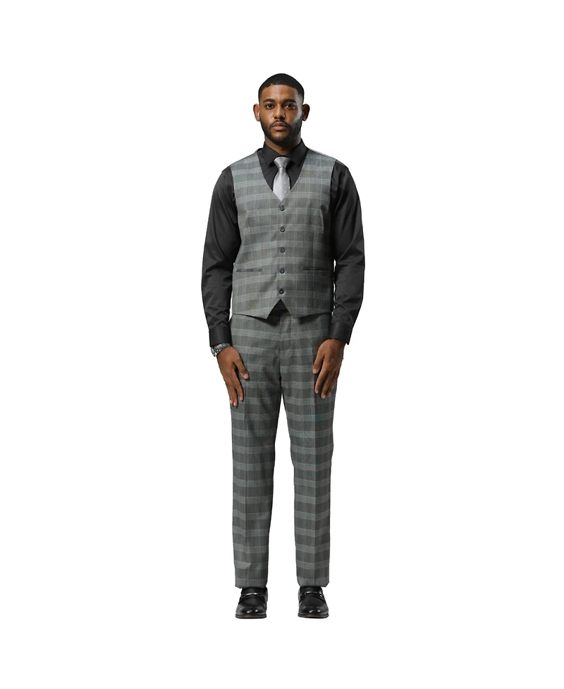 Stacy Adams Big & Tall Glen Plaid 3-Piece Jacket With Solid Vest And Pants Suit Peak Lapel