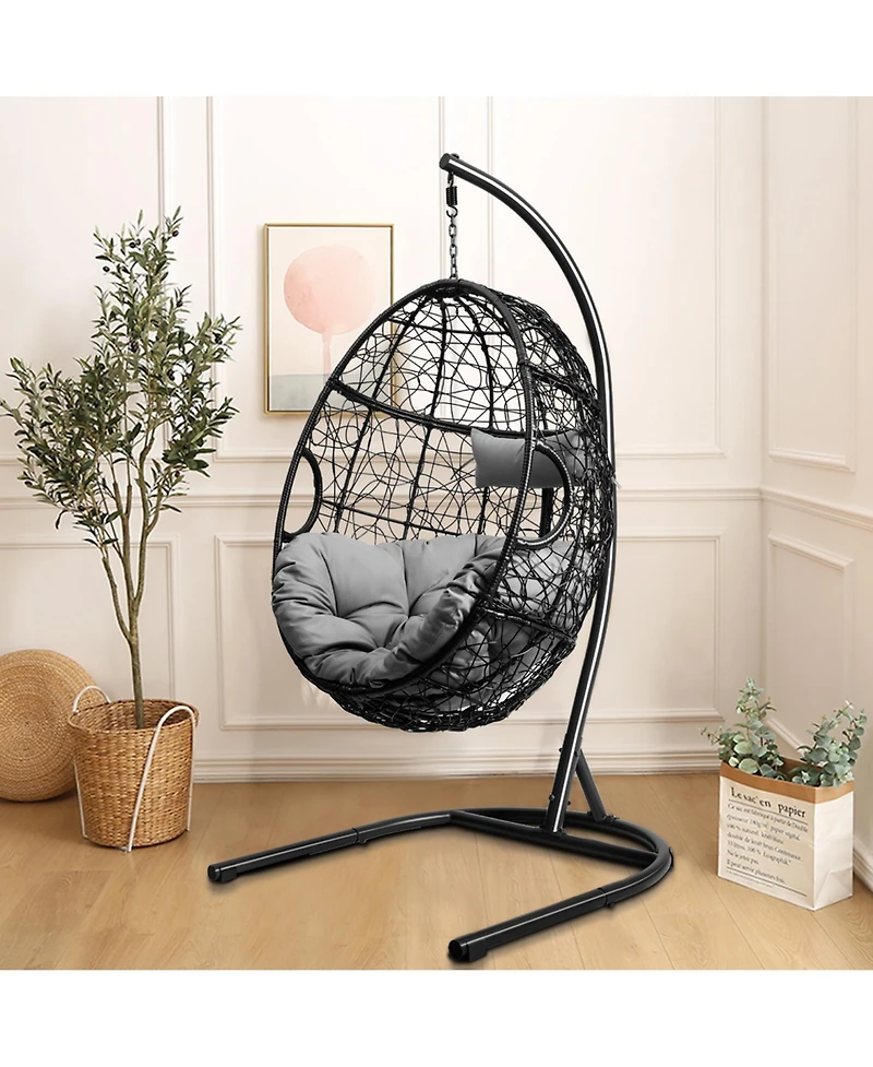Gymax Hanging Hammock Chair Egg Swing Chair w/ Seat Cushion Pillow Stand
