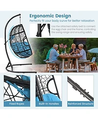Gymax Hanging Hammock Chair Egg Swing Chair w/ Blue Cushion Pillow Stand
