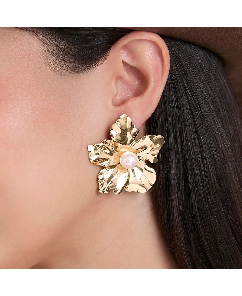 Jessica Simpson Statement Flower Earrings with Pearl Center in Gold-Tone