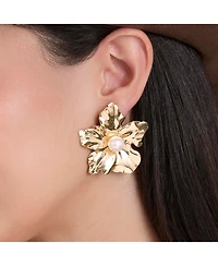 Jessica Simpson Statement Flower Earrings with Pearl Center in Gold-Tone