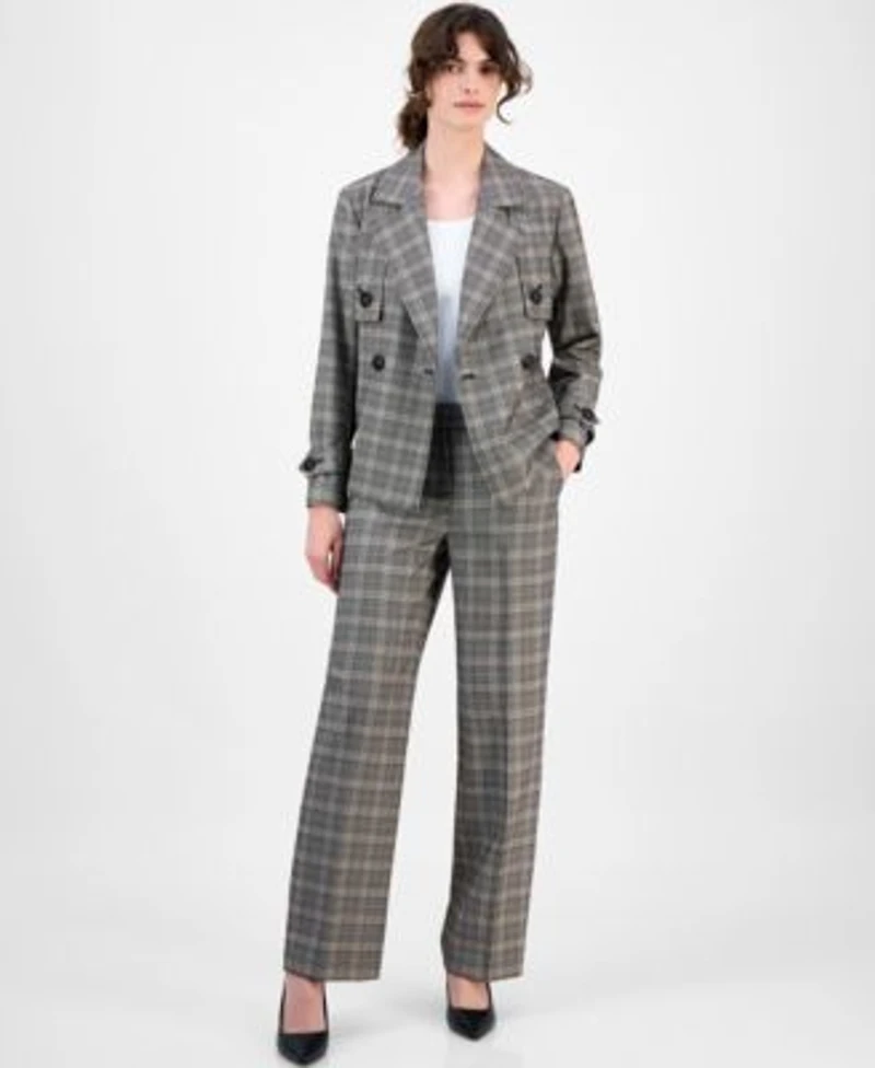 Anne Klein Womens Plaid Belted Button Front Trench Jacket Plaid Wide Leg Mid Rise Pants
