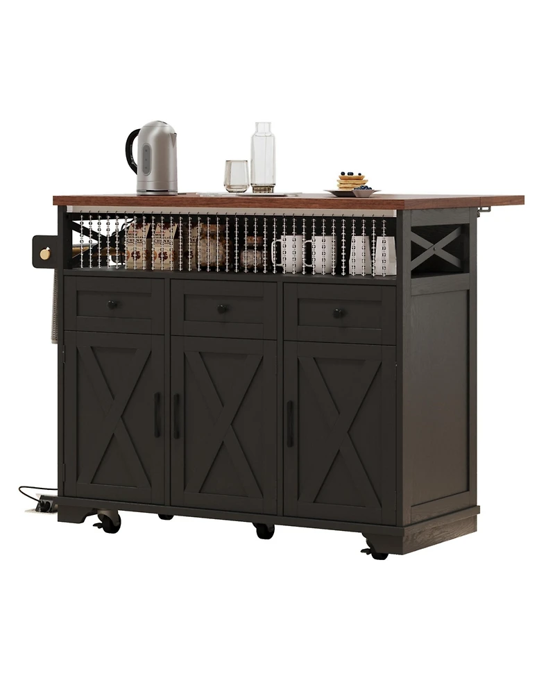 Casainc 46.5" Rolling Kitchen Cart with Drop Leaf, Power Outlet, Beaded Trim, Ample Storage
