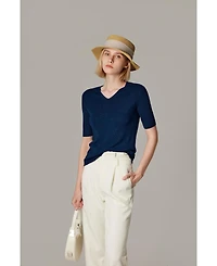 Jennie Liu Women's Merino Wool Lurex Sweater | Shimmer Fine gauge V-Neck Short Sleeve Top Machine Washable Pullover
