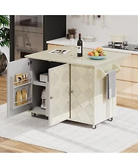 Casainc 51.2" Solid Wood Kitchen Island with Drop Leaf, Handwoven Finish, Storage and Wheels