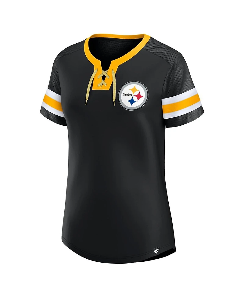 Fanatics Women's Black Pittsburgh Steelers Lace-Up Bling T-Shirt