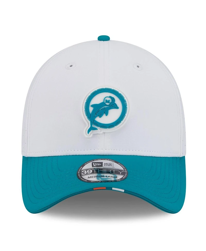 New Era Men's White/Aqua Miami Dolphins 2025 Nfl Training Camp Throwback Logo 39THIRTY Flex Hat